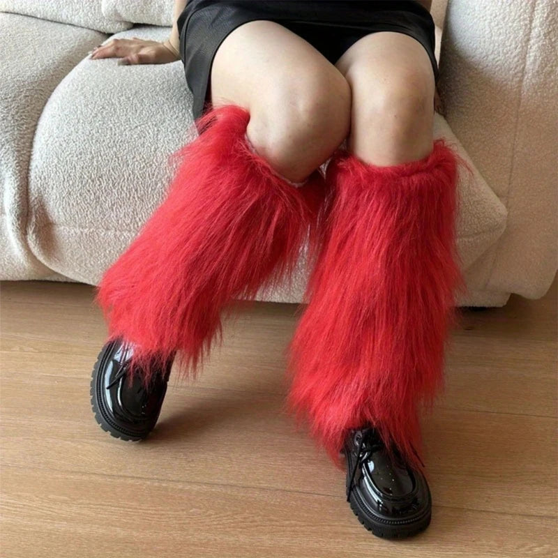 Harajuku Punk Fuzzy Leg Warmers for Women Soft Thickened Plush Boot Cuffs Covers for Winter Fashion and Costume Parties