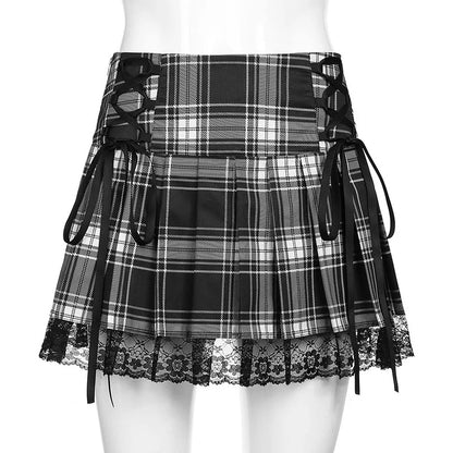 Goth Skirts Summer Y2K Woman Skirts Pink Stripe Plaid Lace Trim Pleated School Plaid Skirt Ladies Aesthetic Tie Up Jupe Femme