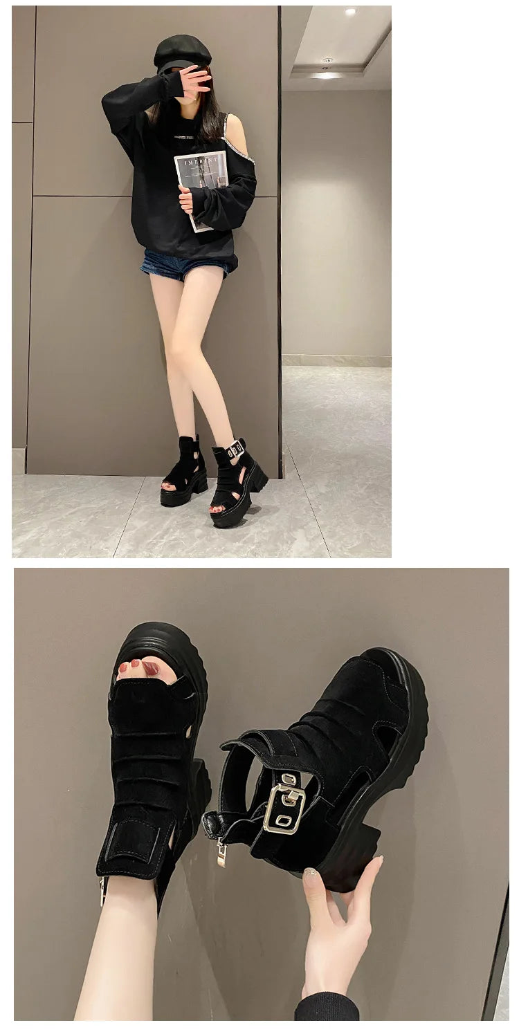 Gothic Platform Sandals Women Summer Wedges Peep Toe Gladiator Shoes Woman Thick Bottom 8cm High Heels Sandalias Mujer