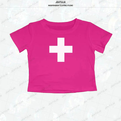 Goth Cross Print Crop Top Short sleeve Tees