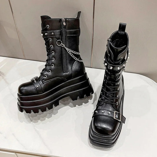 Platform Thick Gothic Boots Lady Buckle Autumn Shoes Women Wedges Knee High Boots Punk Street Cosplay Botas Motorcycle Chain