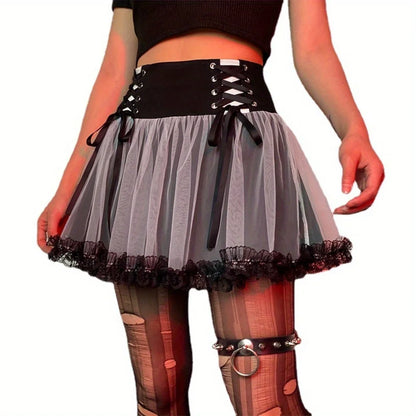 Gothic Mesh A-Line Skirt: Punk Ruffled Tie-Accent High-Waisted Skirt with Full Flare