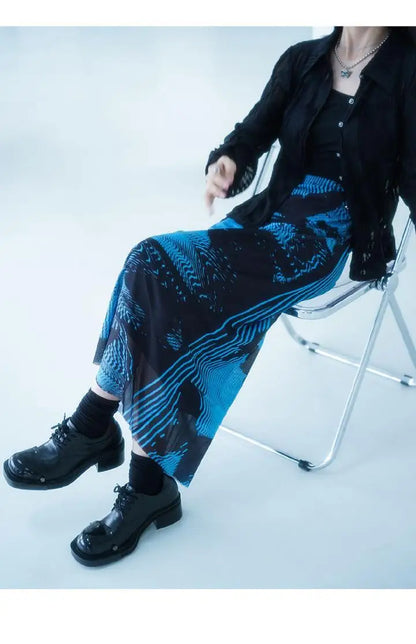 KOSAHIKI Gothic Pleated Skirts Womens Blue Saia Black Butterfly Print High Waist Skirt Woman Y2k Faldas Mujer Moda 2025 Korean