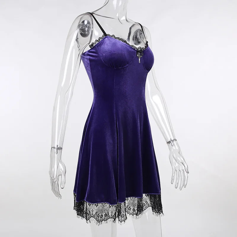 Goth Purple Dress Vintage Velvet A Line Lolita Dress Aesthetic Gothic High Waist Ladies Club Party Dresses