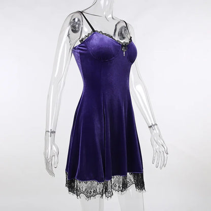 Goth Purple Dress Vintage Velvet A Line Lolita Dress Aesthetic Gothic High Waist Ladies Club Party Dresses