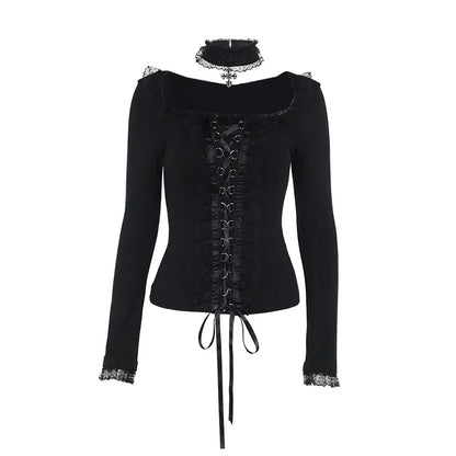 Goth Black Lace Trim Long Sleeve Vintage Lace-up Square Collar Elastic Tops with Choker Cross