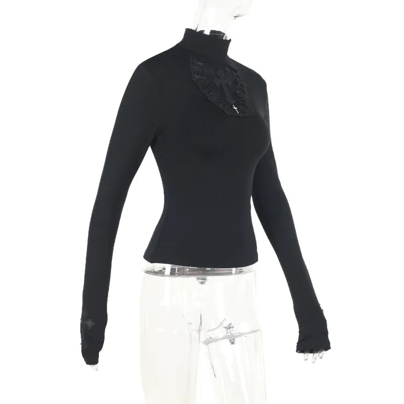 Goth Mesh Patchwork Cross Turtleneck Pullovers