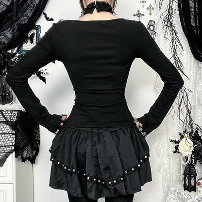Goth Black Lace Trim Long Sleeve Vintage Lace-up Square Collar Elastic Tops with Choker Cross