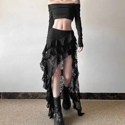 Gothic Skirt Gyaru Kpop Streetwear Lace High waist Casual Aesthetic Long Skirt Femme Hip hop Skirts
