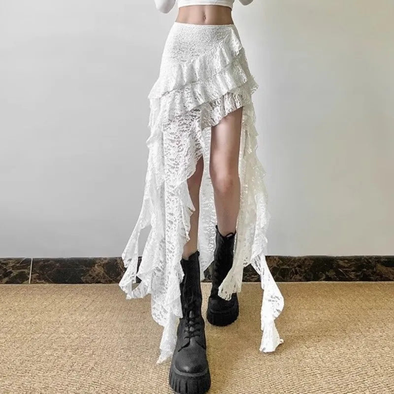 Gothic Skirt Gyaru Kpop Streetwear Lace High waist Casual Aesthetic Long Skirt Femme Hip hop Skirts