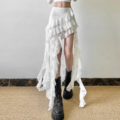Gothic Skirt Gyaru Kpop Streetwear Lace High waist Casual Aesthetic Long Skirt Femme Hip hop Skirts