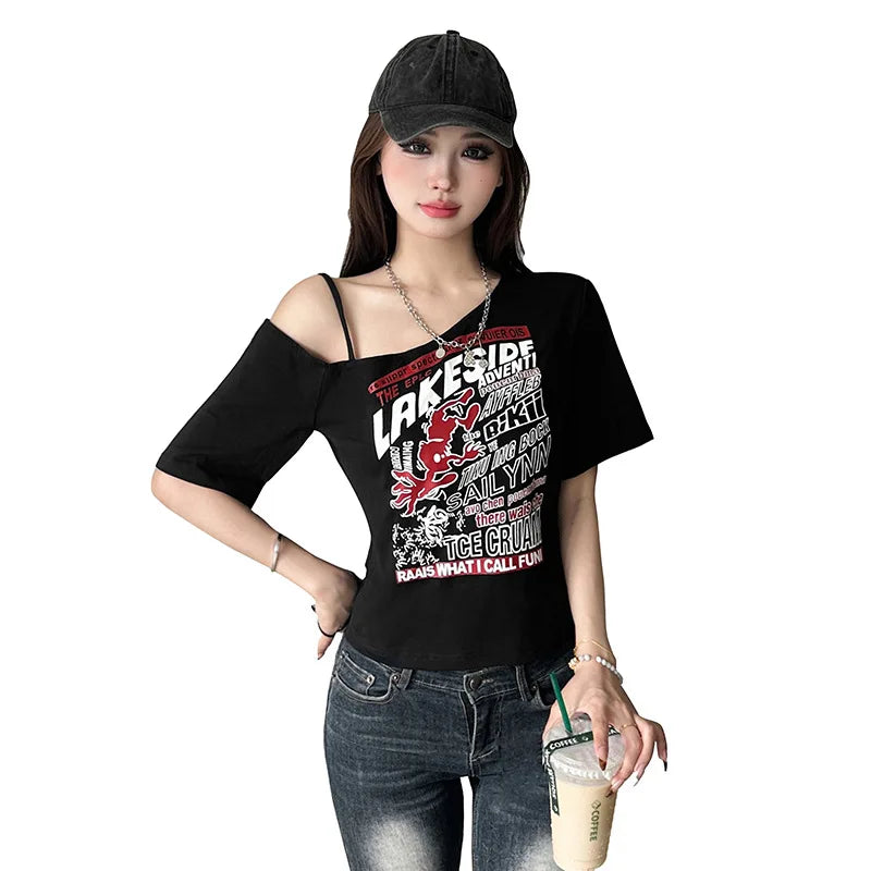 Gothic Print Tee Off Shoulder