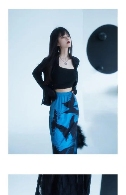KOSAHIKI Gothic Pleated Skirts Womens Blue Saia Black Butterfly Print High Waist Skirt Woman Y2k Faldas Mujer Moda 2025 Korean