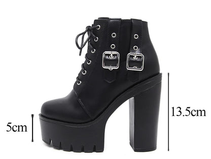 Gdgydh Goth Heeled Boots for Women Nightclub High Platform Heels Shoes Fashion Belt Buckle Short Boots with Zipper