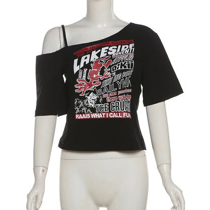 Gothic Print Tee Off Shoulder