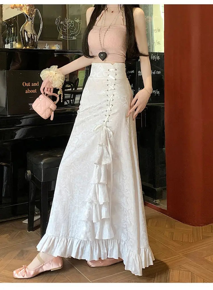 Gothic Long Skirt Punk Fishtail Tied Waist Printed Half Skirt