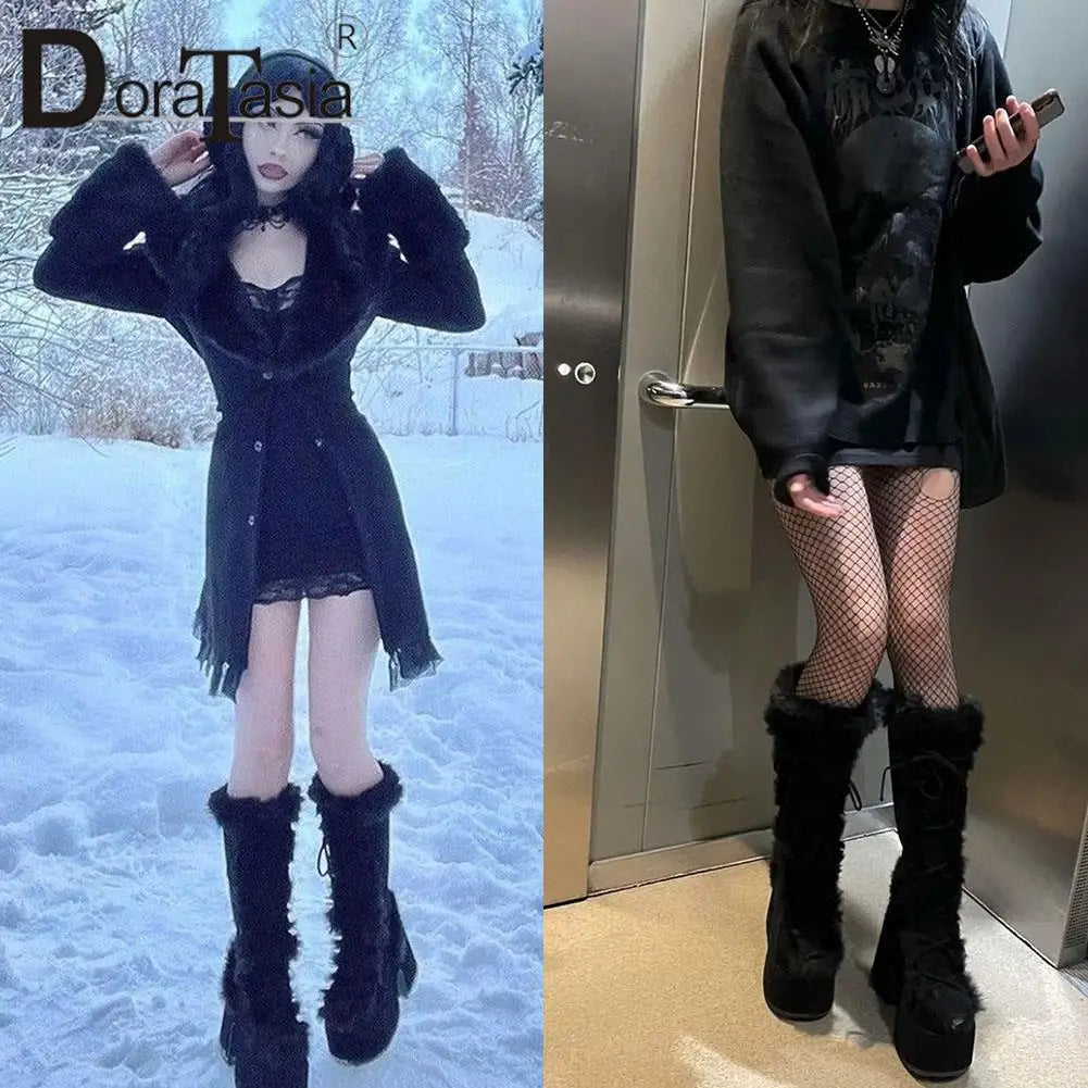 Ladies Goth Platform Boots Fashion Zip Faux Fur Chunky High Heels women's Boots Party Street Autumn Winter Woman Shoes
