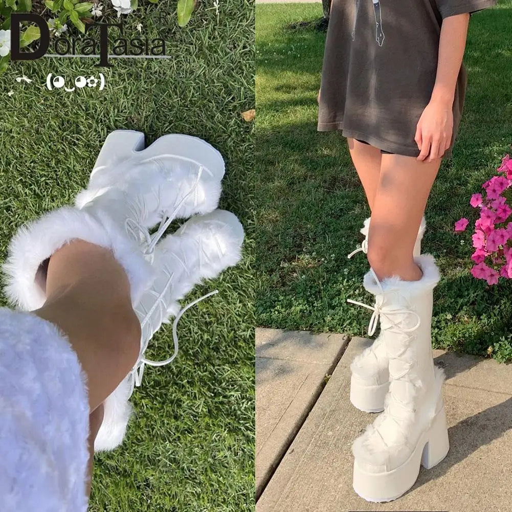 Ladies Goth Platform Boots Fashion Zip Faux Fur Chunky High Heels women's Boots Party Street Autumn Winter Woman Shoes