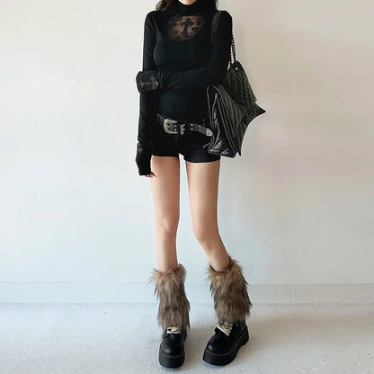 Goth Mesh Patchwork Cross Turtleneck Pullovers