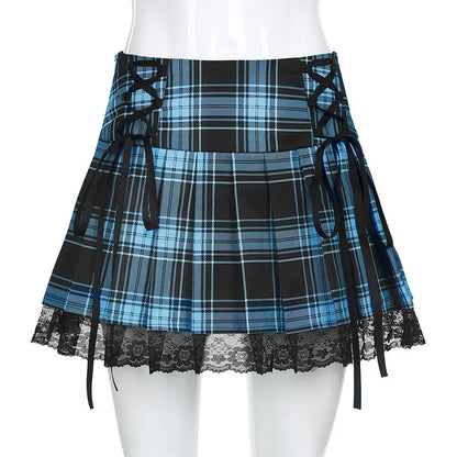 Goth Skirts Summer Y2K Woman Skirts Pink Stripe Plaid Lace Trim Pleated School Plaid Skirt Ladies Aesthetic Tie Up Jupe Femme