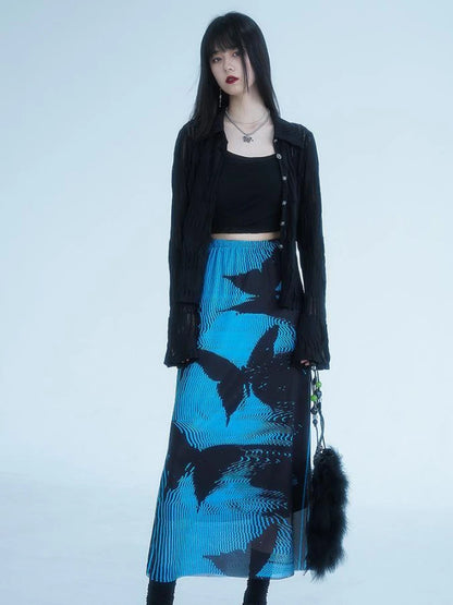 KOSAHIKI Gothic Pleated Skirts Womens Blue Saia Black Butterfly Print High Waist Skirt Woman Y2k Faldas Mujer Moda 2025 Korean