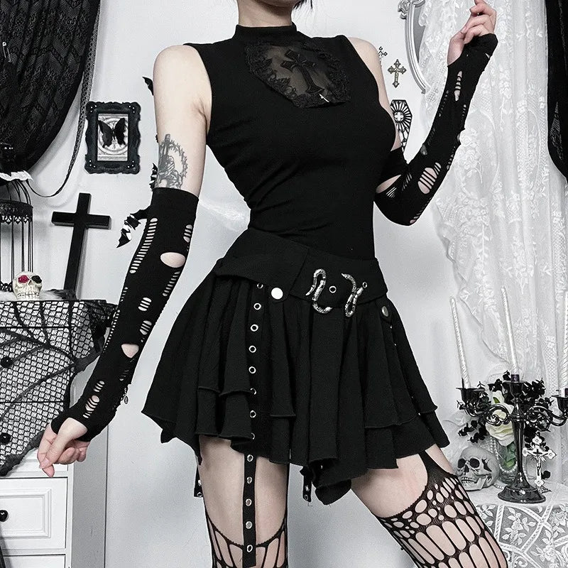 Gothic Punk Asymmetrical Skirt - Women's Heavy Metal Retro Mini Skirt, Dark Alternative Fashion,Edgy Streetwear