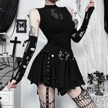 Gothic Punk Asymmetrical Skirt - Women's Heavy Metal Retro Mini Skirt, Dark Alternative Fashion,Edgy Streetwear