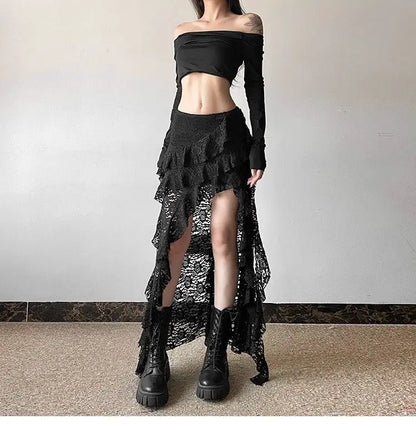 Gothic Skirt Gyaru Kpop Streetwear Lace High waist Casual Aesthetic Long Skirt Femme Hip hop Skirts