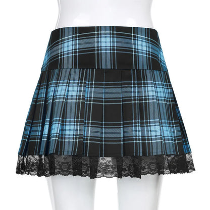 Goth Skirts Summer Y2K Woman Skirts Pink Stripe Plaid Lace Trim Pleated School Plaid Skirt Ladies Aesthetic Tie Up Jupe Femme