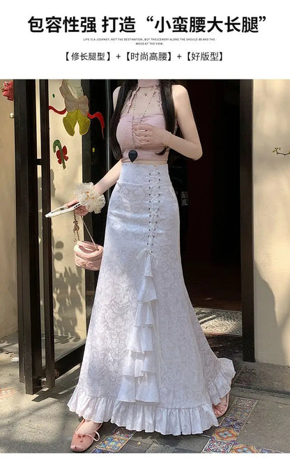 Gothic Long Skirt Punk Fishtail Tied Waist Printed Half Skirt