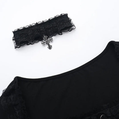 Goth Black Lace Trim Long Sleeve Vintage Lace-up Square Collar Elastic Tops with Choker Cross