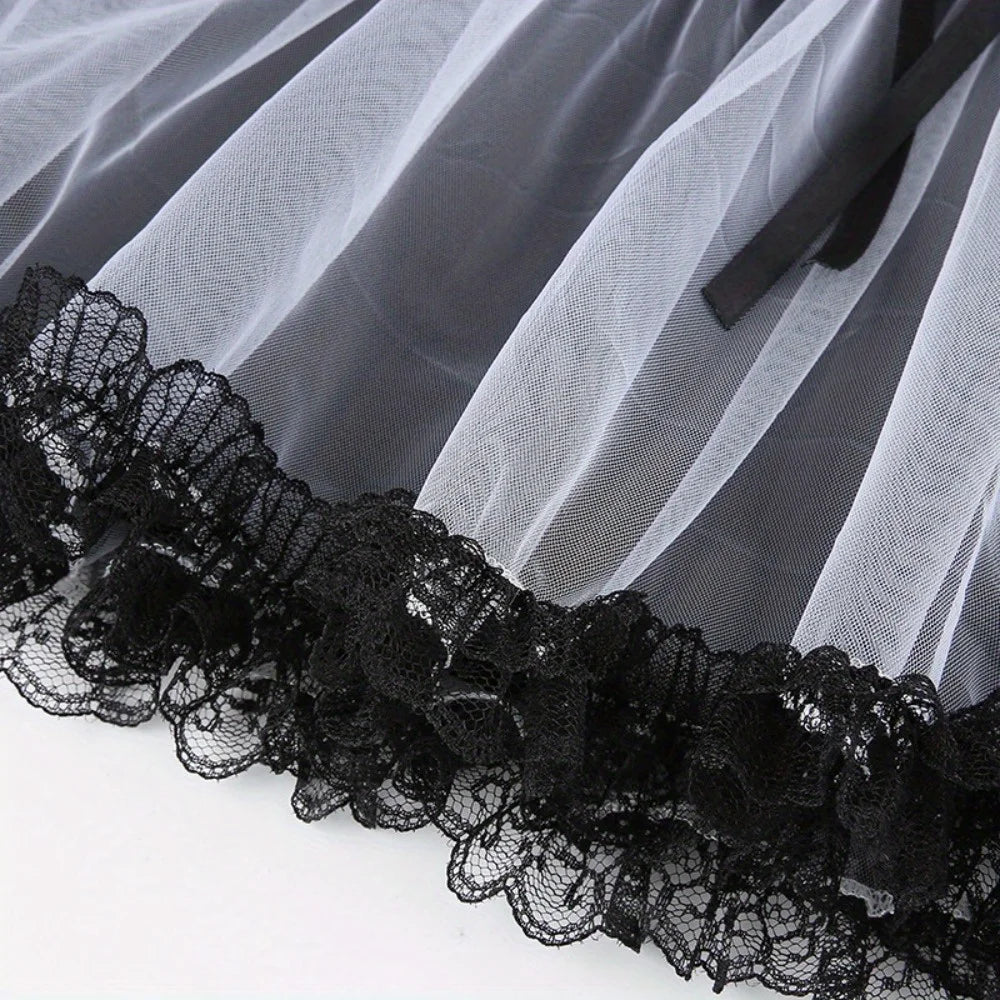 Gothic Mesh A-Line Skirt: Punk Ruffled Tie-Accent High-Waisted Skirt with Full Flare