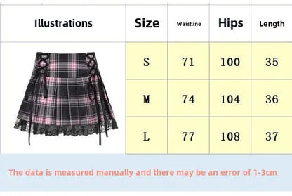 Goth Skirts Summer Y2K Woman Skirts Pink Stripe Plaid Lace Trim Pleated School Plaid Skirt Ladies Aesthetic Tie Up Jupe Femme