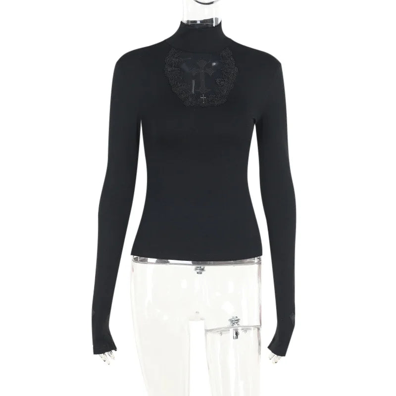 Goth Mesh Patchwork Cross Turtleneck Pullovers