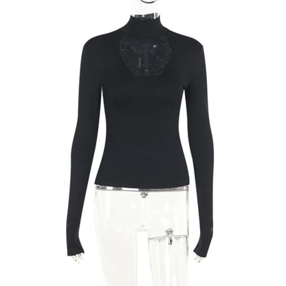Goth Mesh Patchwork Cross Turtleneck Pullovers
