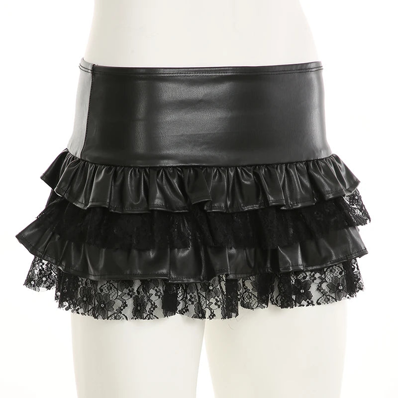 SUCHCUTE Goth Black Pu Leather Patchwork Lace Tiered Cake Mini Skirts Y2K Aesthetic 90s Lolita Skirt Women Sexy Low Waist Skirt