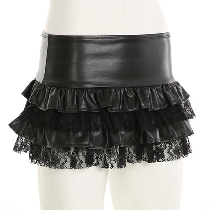 SUCHCUTE Goth Black Pu Leather Patchwork Lace Tiered Cake Mini Skirts Y2K Aesthetic 90s Lolita Skirt Women Sexy Low Waist Skirt