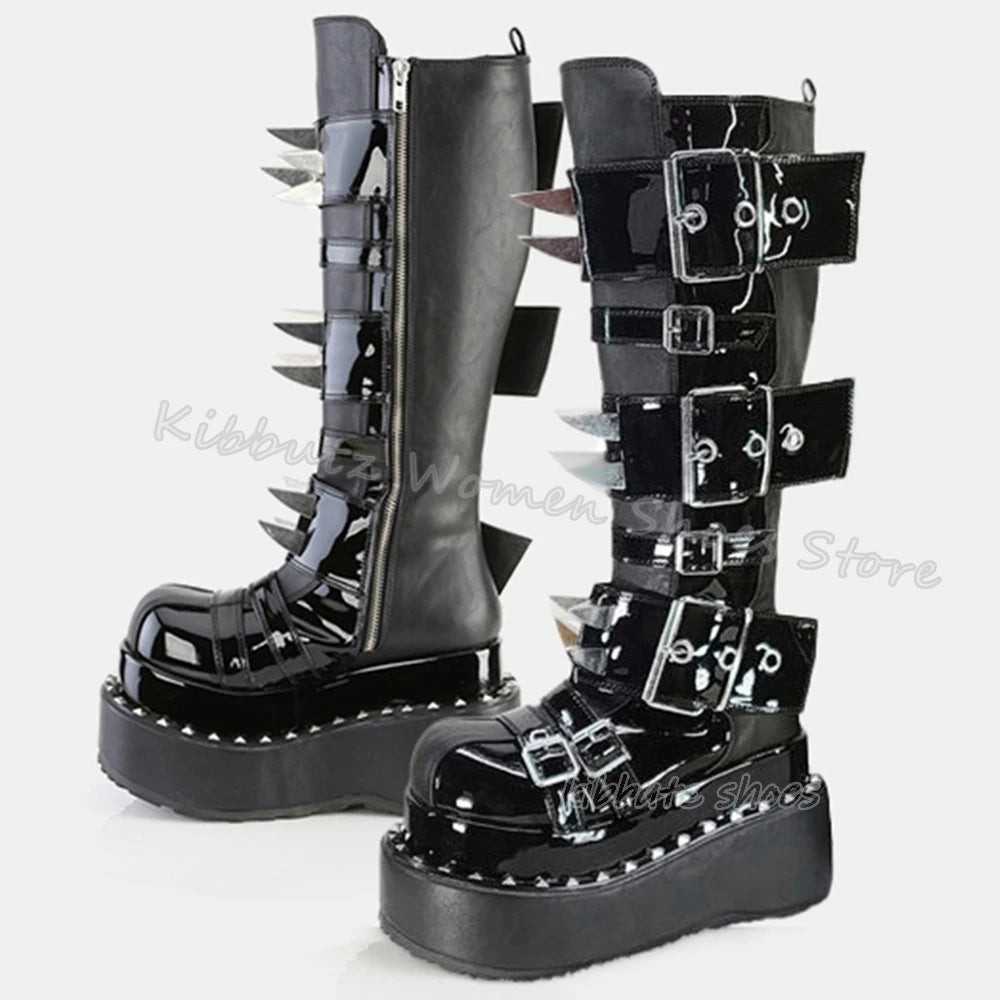 Gothic Boots Knee High Platform Punk Rock Belt Buckle Novelty Leather Thick Bottom