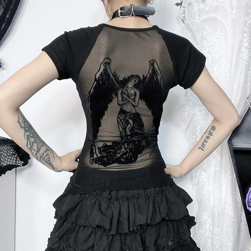 Gothic See Through Angel Graphic Print T-shirt