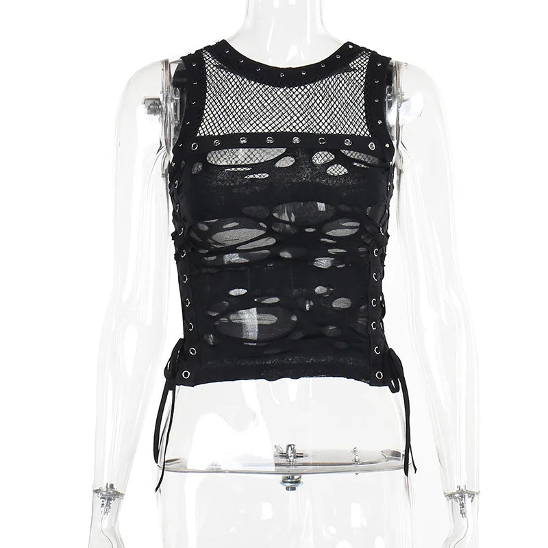Gothic Crop Tops Tanks Trendy Camisole Fishnet Backless  Vest