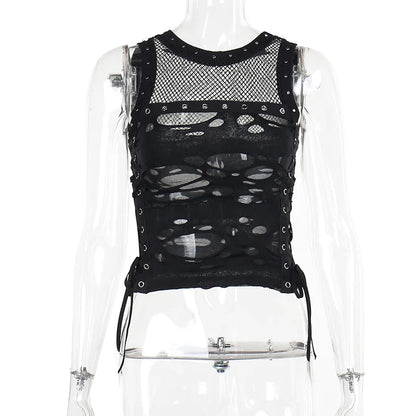 Gothic Crop Tops Tanks Trendy Camisole Fishnet Backless  Vest