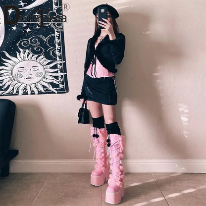 Ladies Goth Platform Boots Fashion Zip Faux Fur Chunky High Heels women's Boots Party Street Autumn Winter Woman Shoes