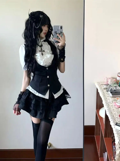 Gothic Preppy Style Design Short Sleeve 3-piece Set Women Fashion Y2k High-waist Black Short Skirt Suit Summer New Slim Outfits