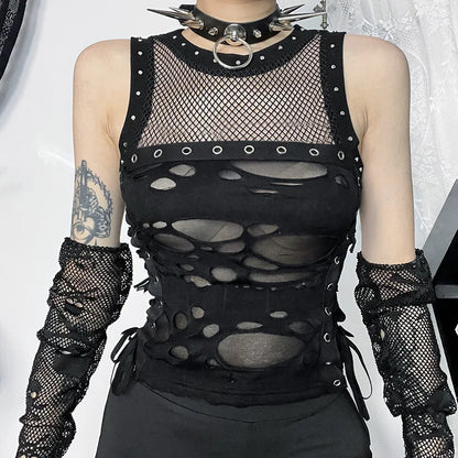 Gothic Crop Tops Tanks Trendy Camisole Fishnet Backless  Vest