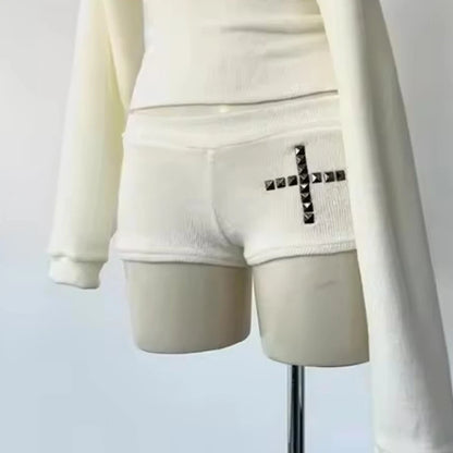 Goth Long Sleeve Two Piece Set Women Off Shoulder Top + Slim Shorts Cross