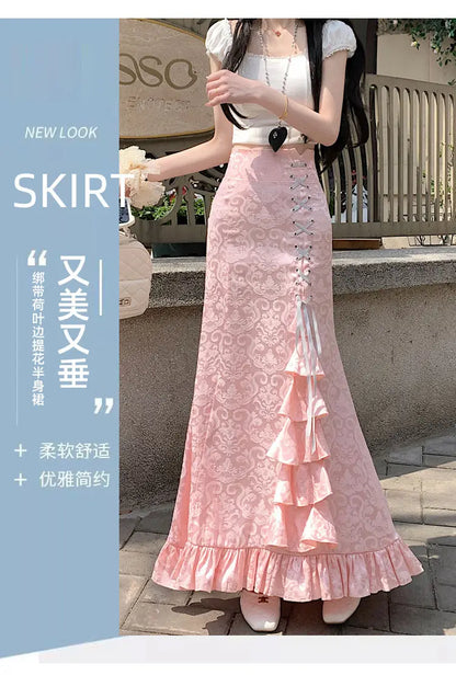 Gothic Long Skirt Punk Fishtail Tied Waist Printed Half Skirt