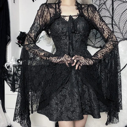 Dark Black Goth Vintage Flared Sleeve Lace Shoulder Cover