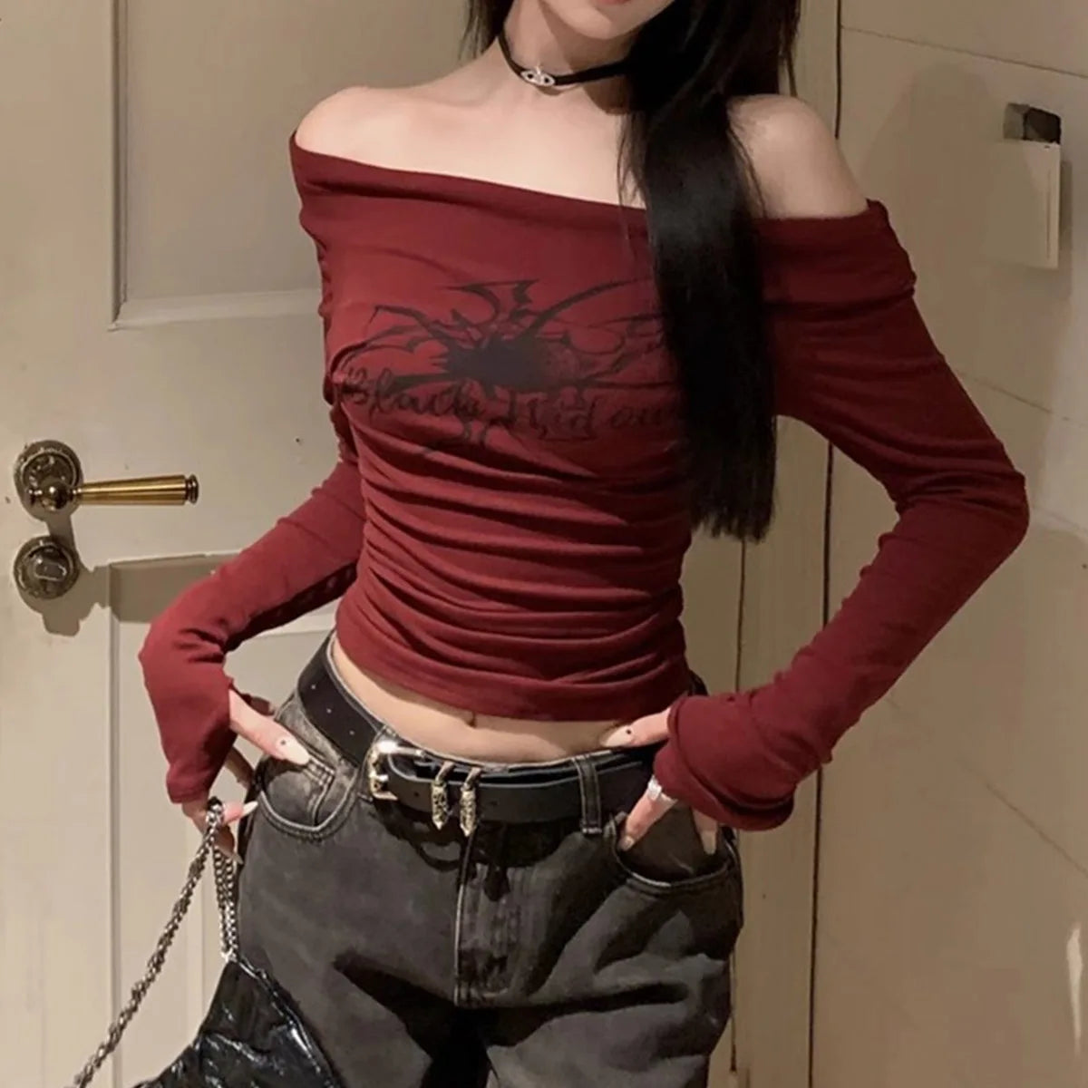 Gothic Print T-Shirts Long Sleeve Off the Shoulders Tops