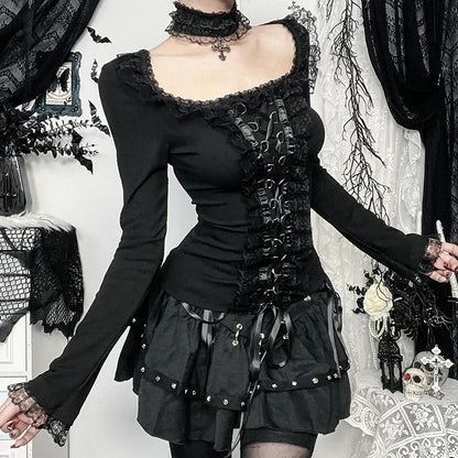 Goth Black Lace Trim Long Sleeve Vintage Lace-up Square Collar Elastic Tops with Choker Cross