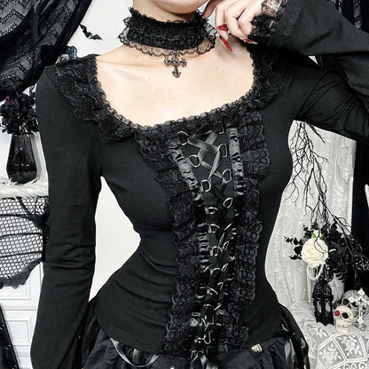 Goth Black Lace Trim Long Sleeve Vintage Lace-up Square Collar Elastic Tops with Choker Cross